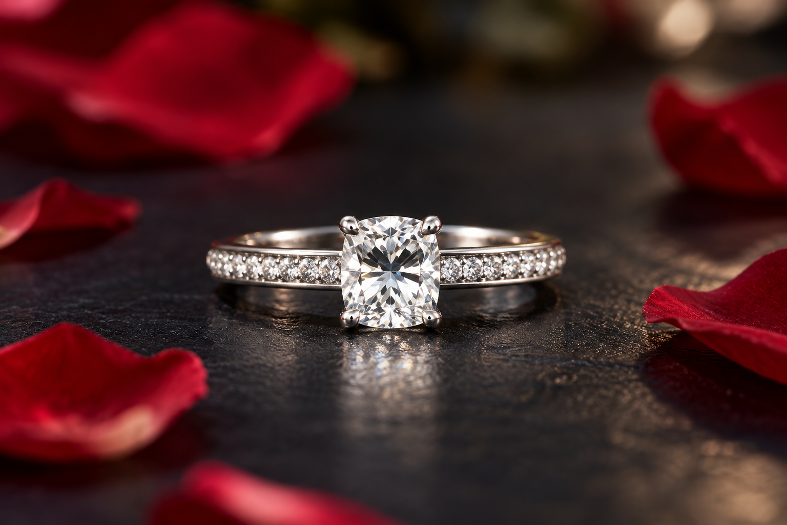 Diamond Ring Amidst Red Rose Petals