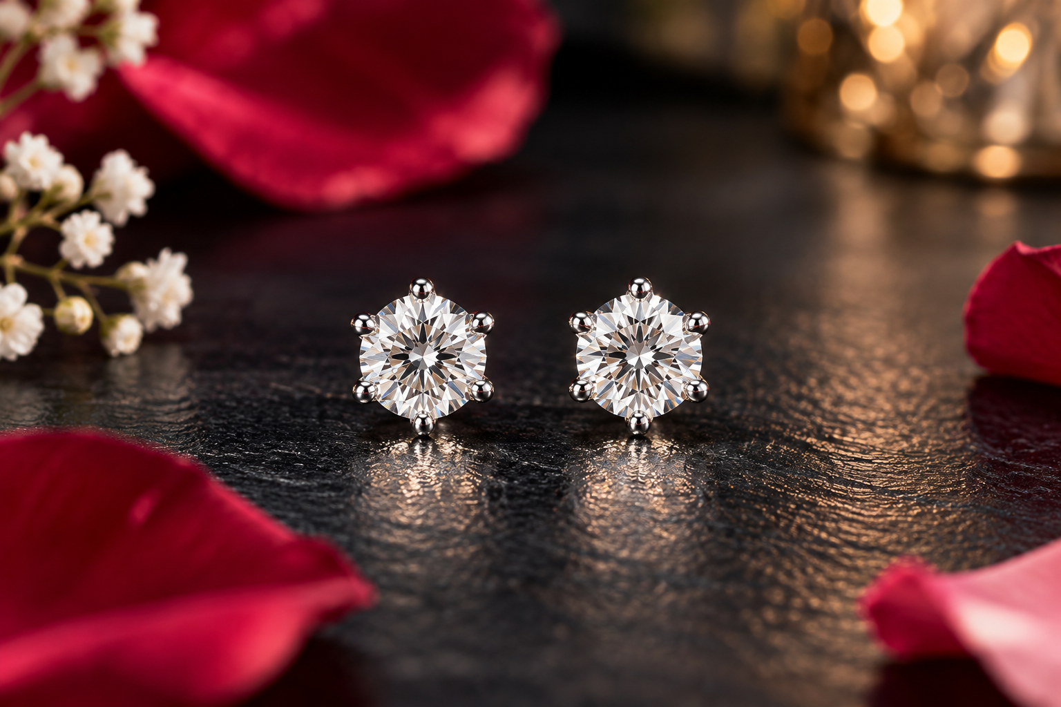 Diamond Studs Among Rose Petals