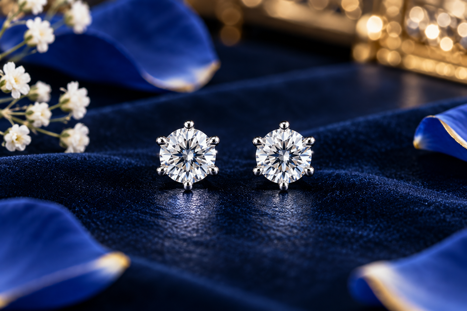 Sparkling Diamond Studs on Blue Velvet